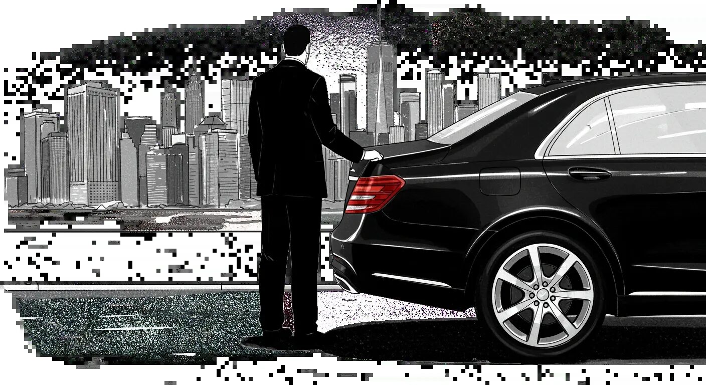 Chauffeur beside a sedan with a city skyline behind