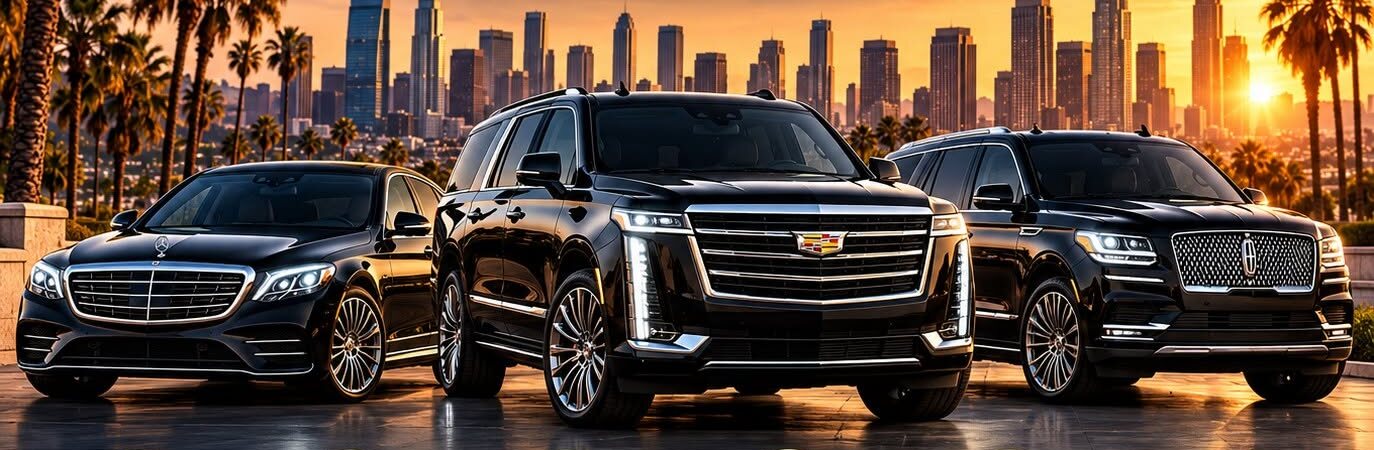 Nobel Limo sedan and SUVs with the Los Angeles skyline at sunset